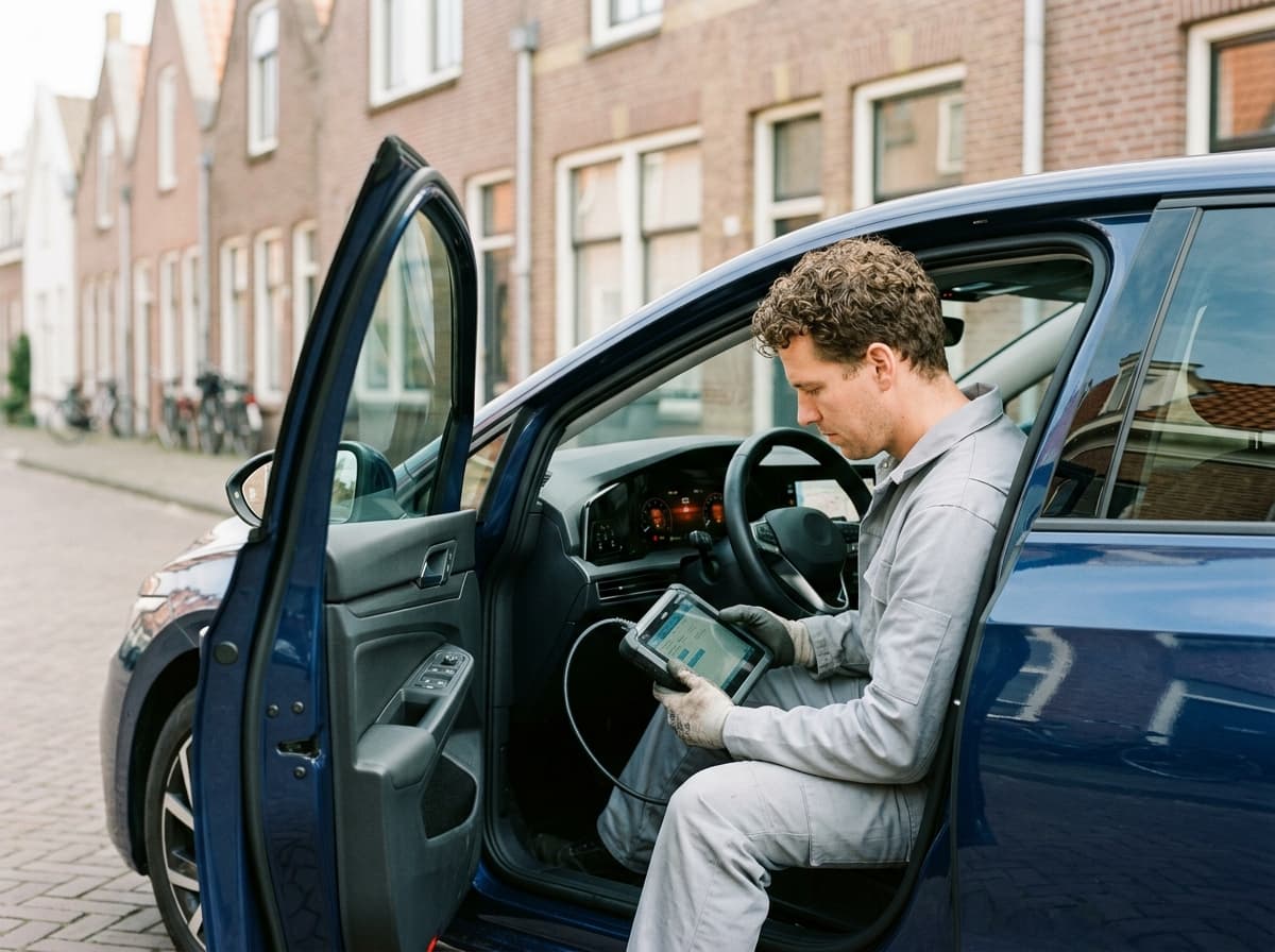 Monteur leest met een diagnosetablet de auto uit vanaf de bestuurdersstoel