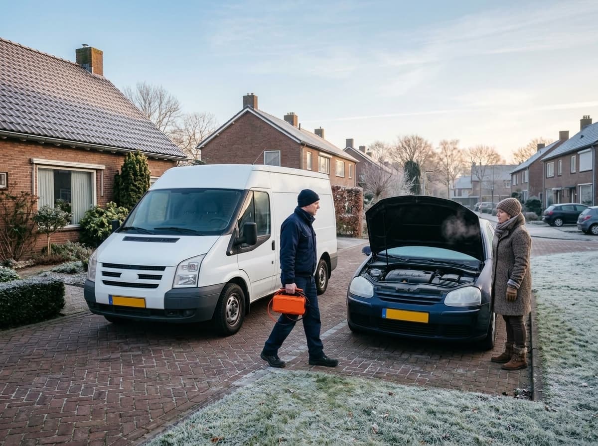 Monteur loopt met een startbooster naar een auto met open motorkap op een oprit